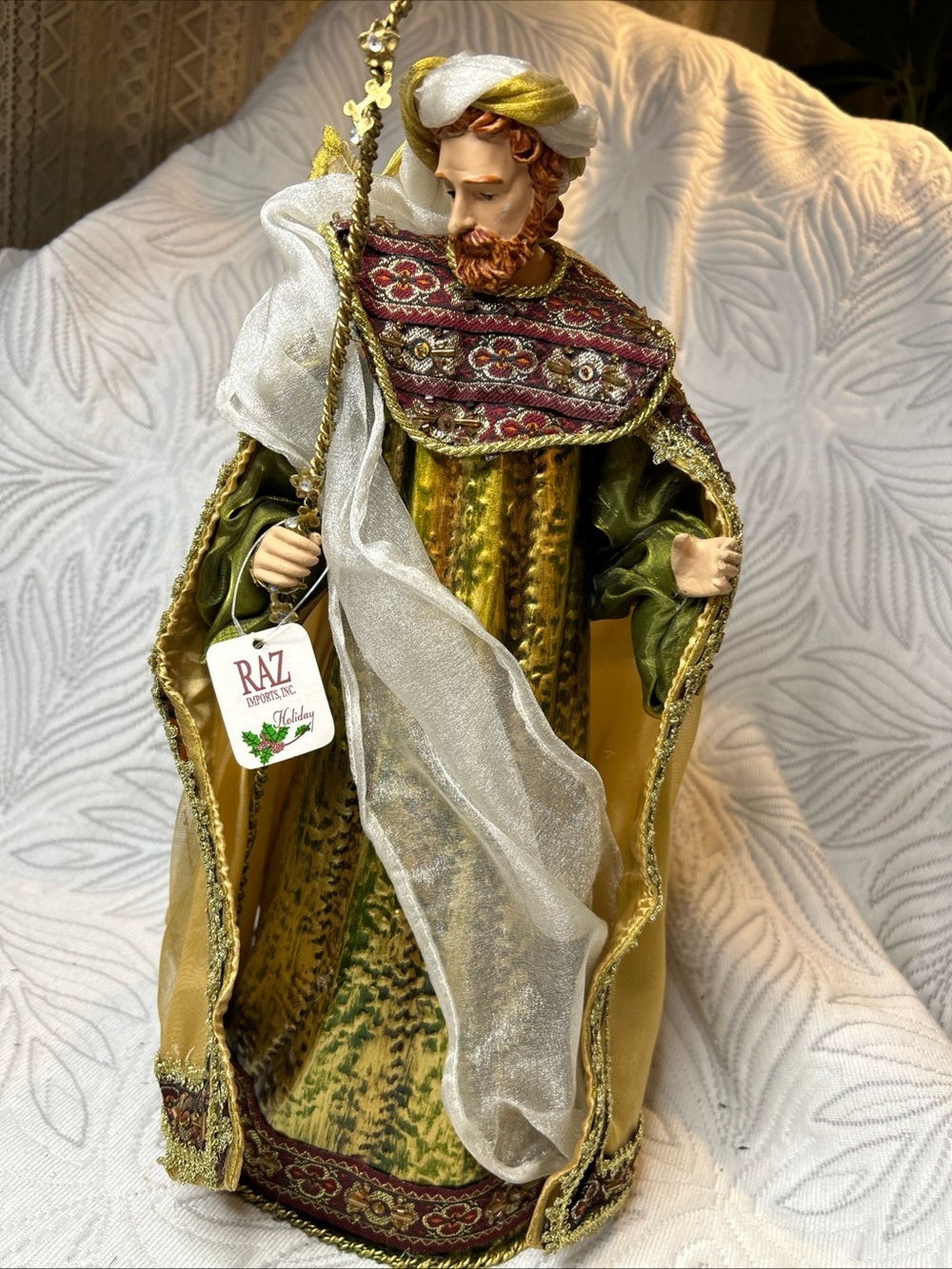 Green and Gold Joseph Figure - Decorative Holiday Nativity with Metal Base